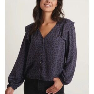 MARINE LAYER Leopard Print Ruffle Long Sleeve Button Down Blouse Sz L Blue Black